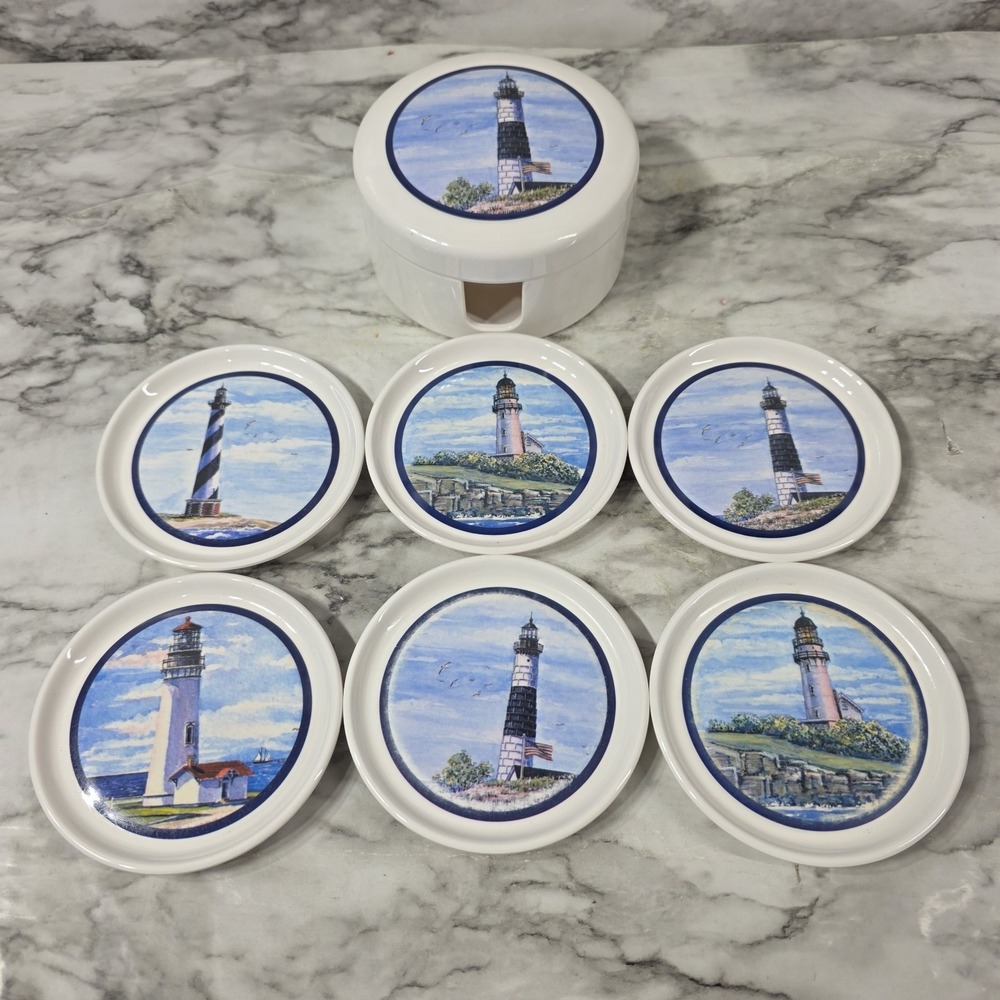 Vintage Lighthouse Coaster Set Of  6 With Holder White Plastic In EUC
